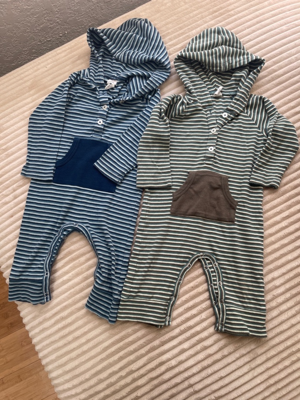 kate quinn Blue & Olive Striped Hooded One-Piece Footies (Set of 2)